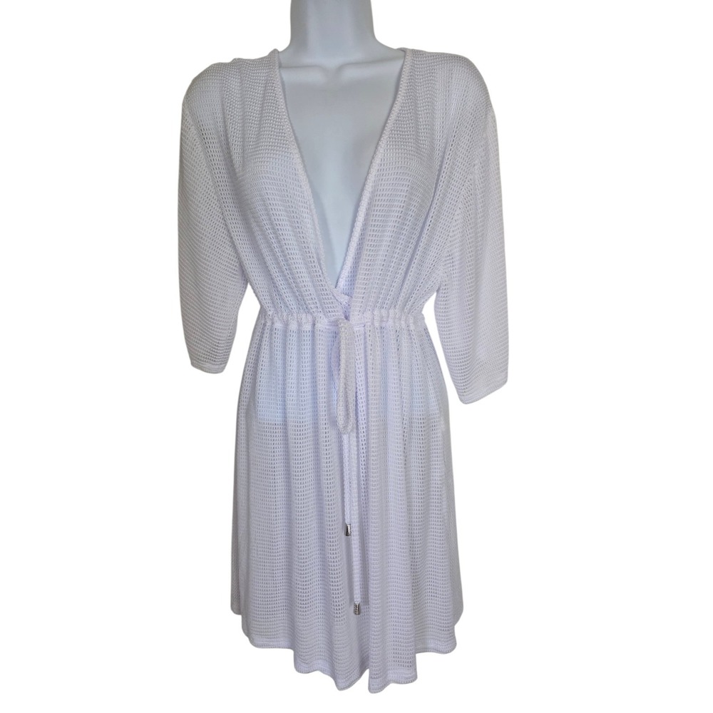 Dotti White Mesh Swimsuit Coverup‎ Mini Pullover Dress 3/4-Sleeve L NWT